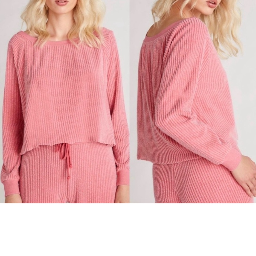 Wildfox French Rose Pink Tilda Ribbed Cropped Top & Joggers Set